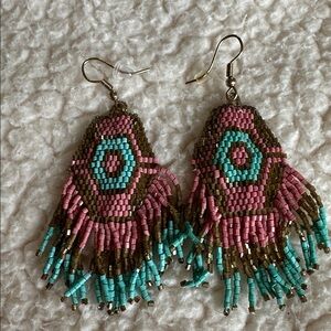 Handwoven Beaded Fringe Earrings in Coral, Turquoise & Gold